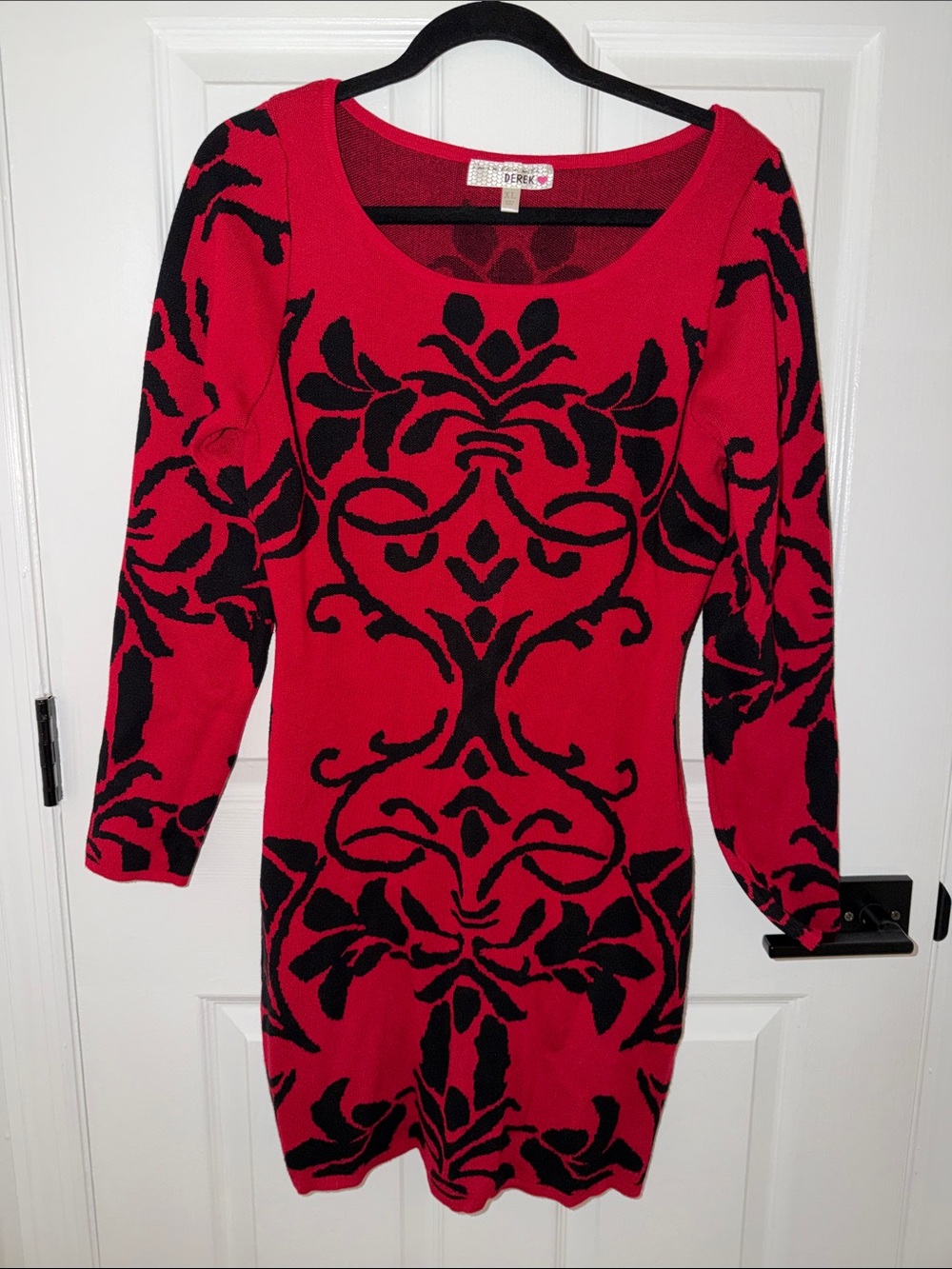 Derek Heart Red and Black Long-Sleeve Scoop Neck Sweater Dress